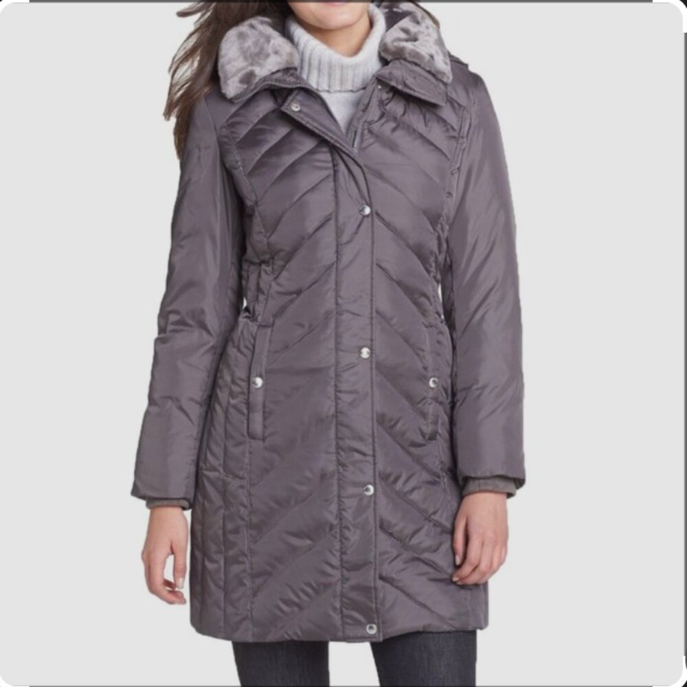 Michael Kors Brown Puffer Coat with Faux Fur Collar
